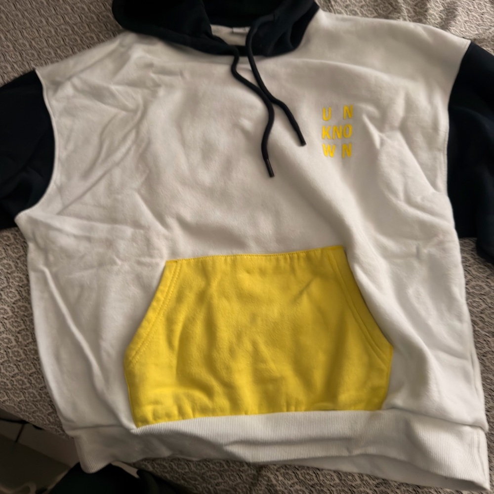 Women's White and Yellow Hoodie Sweater